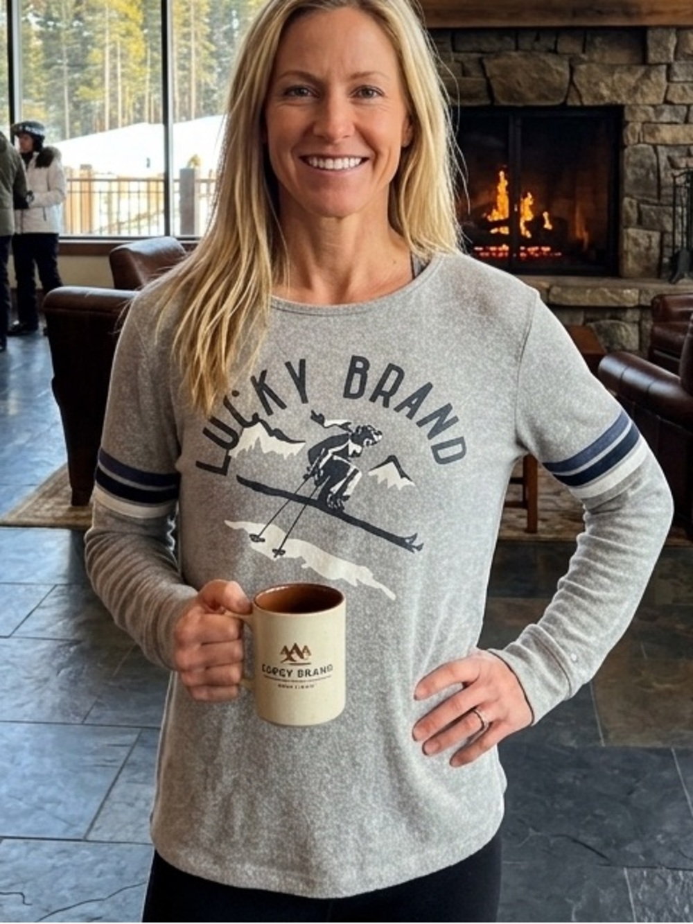 Lucky Brand Gray Pullover with Navy Stripe Sleeve Detail